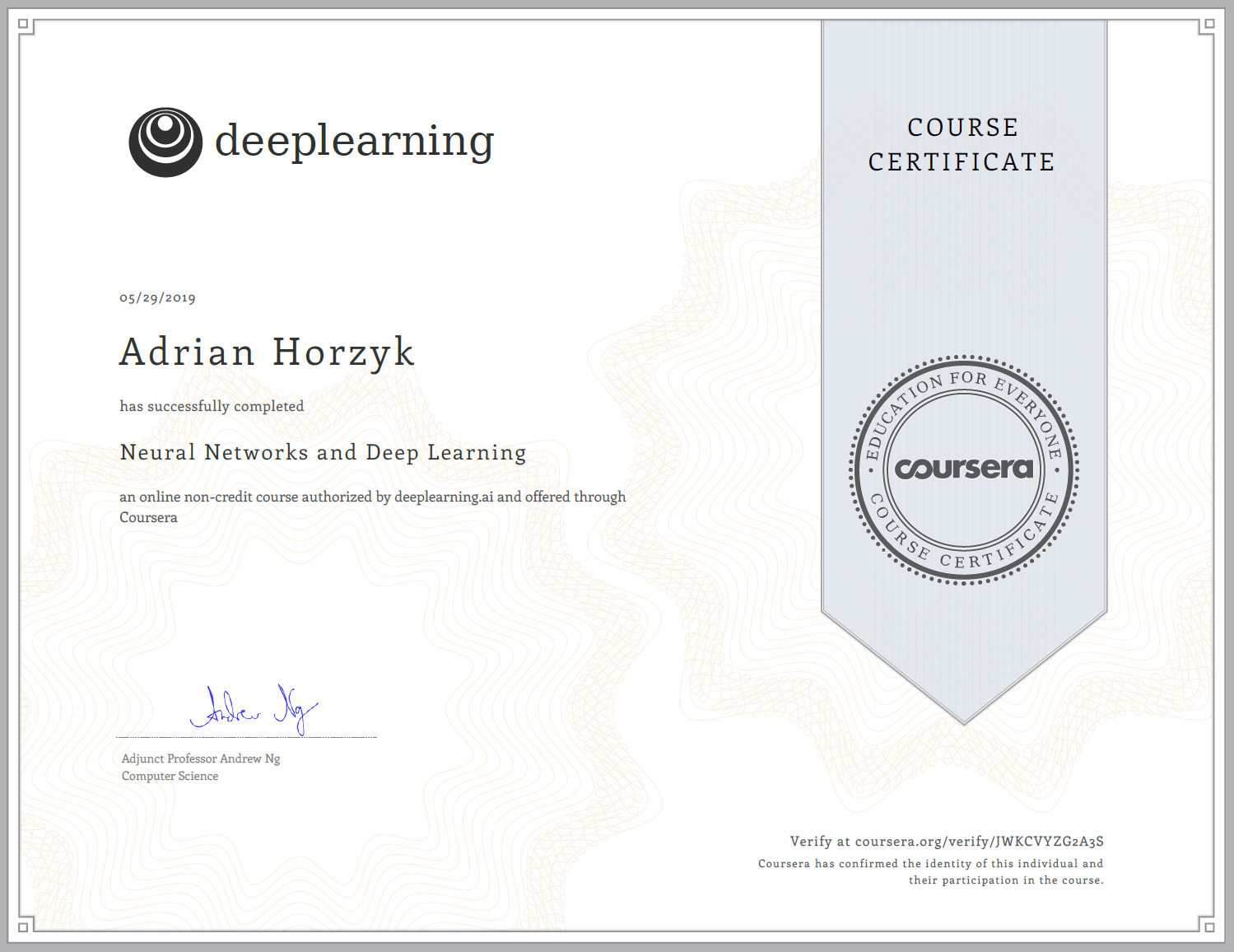 COURSERA Certificate Deep Learning Specialization Neural Networks and Deep Learning for Adrian Horzyk